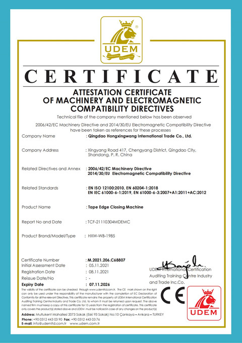 Mattress tape edge sealer CE certificate